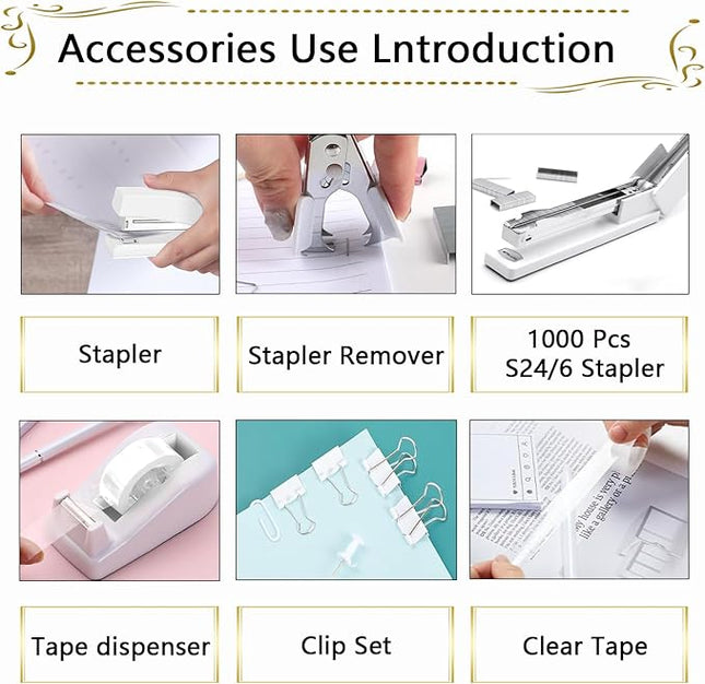 Office Supplies,Desk Accessories, Stapler and Tape Dispenser Set for Women with Stapler, Tape Dispenser, Staple Remover, Staples, Clips, Scissor and Tabs,Gift for Students, Coworkers