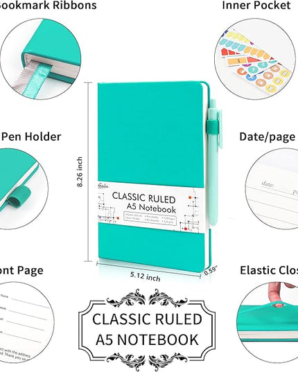 feela 12 Pack Notebooks Journals Bulk, Hardcover Notebook Classic Ruled Lined Journals with Pen Holder for Women Girls School Business Supplies, with 12 Black Pens, 120 GSM, 5.1”x8.3”, A5, Aqua