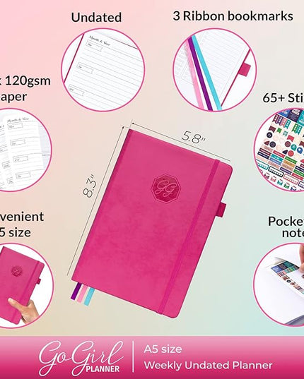 GoGirl Planner and Organizer for Women – A5 Size Weekly Planner, Goals Journal & Agenda to Improve Time Management, Productivity & Live Happier. Undated – Start Anytime, Lasts 1 Year – Hot Pink