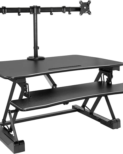 Mount-It! Electric Standing Desk Converter with Dual Monitor Arms for 2 Screens (Max 32"), Large 35.4" Wide Desktop, Motorized Stand Up Desk Riser, Keyboard Tray, USB, Black Stand up Desk Convertor