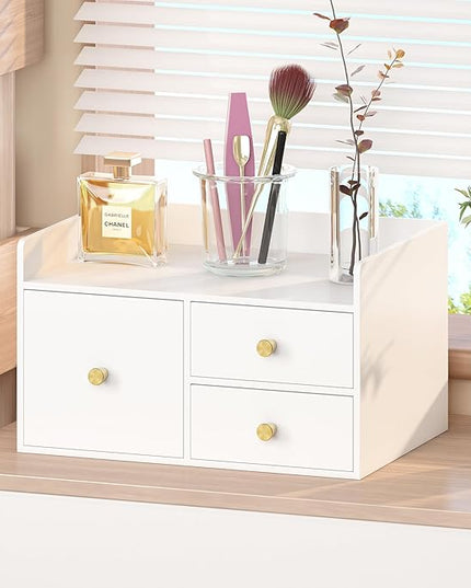 Bamboo Desk Organizer with Drawers Wooden Desktop Storage Drawers for Bills Office Supplies Kitchen Utensils Organizing Tool for Home Classroom Organization No Assembly (3 Drawer, White)