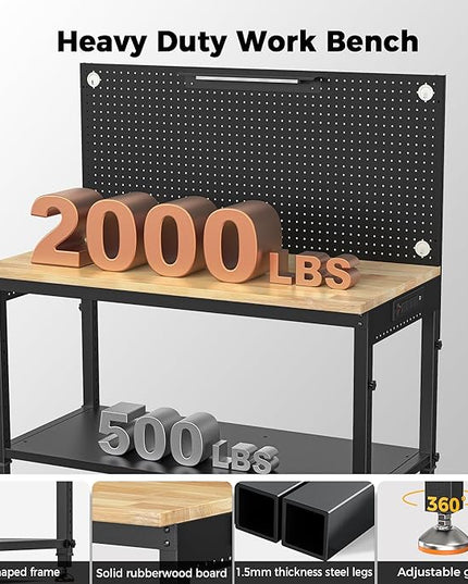 48" Heavy Duty Work Bench Adjustable Height Max Load 2000 LBS with Storage Shelf for Garage Workbench, Rubberwood Tabletop with Pegboard, LED Light, Built-in Power Strip for Woodworking Shop