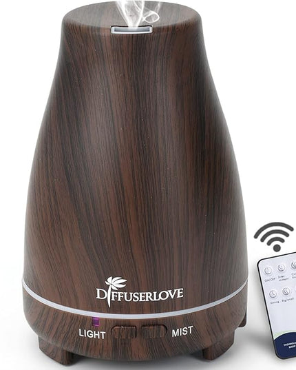 Diffuserlove Essential Oil Diffusers 200ML, Remote Control Aromatherapy Diffuser with 7 Color Lights, Auto Shut-Off for Bedroom Office Kitchen (Black Wood Grain)