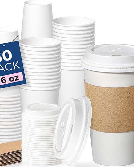 Fit Meal Prep 50 Pack 16 oz Disposable Coffee Cups with Lids, Sleeves, Leak-Proof To Go Coffee Cups with Lids, Durable Hot Paper Cups for Home, Office, Party, Business
