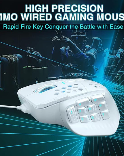 SOLAKAKA SM809 Gaming Mouse for MMO,24000 DPI,16 Programmable,RGB PC Gaming Mice,White
