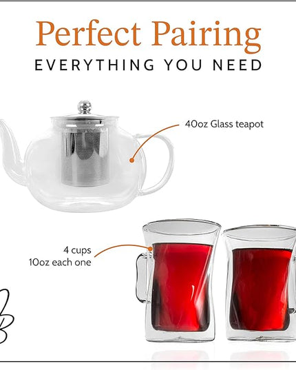 James Bentley Glass Coffee and Tea Set – Borosilicate Glass Teapot Set for Adults with 40oz Teapot & 4 Insulated Glasses, Stainless Steel Strainer for Bags and Loose Tea– Microwave, Dishwasher Safe
