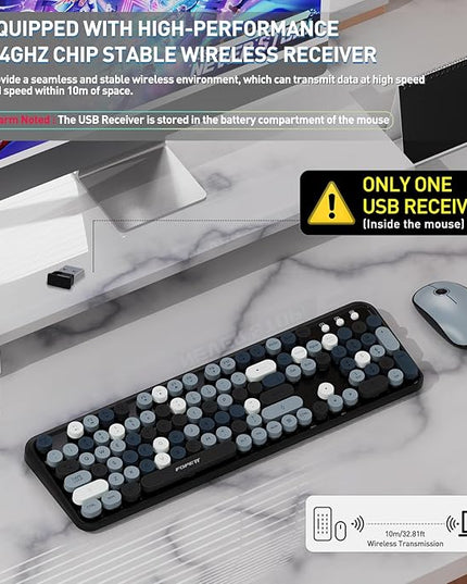 FOPETT 2.4GHz Wireless Keyboard and Mouse Set with Switch Button - Full-Size Keyboard - Compatible for Windows/Laptop/PC/Notebook/Smart TV and More - Grey Colorful