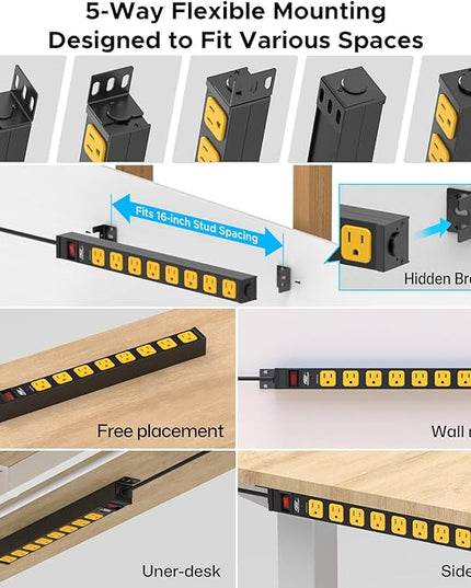 Mountable Long Power Strip, 2100 Joules Heavy Duty Surge Protector Power Strip, Slim Metal Power Bar with 6ft 14AWG Cord, 8-Outlet, ETL Listed, for Wall Mount, Under Desk, Garage, Workshop, and Office