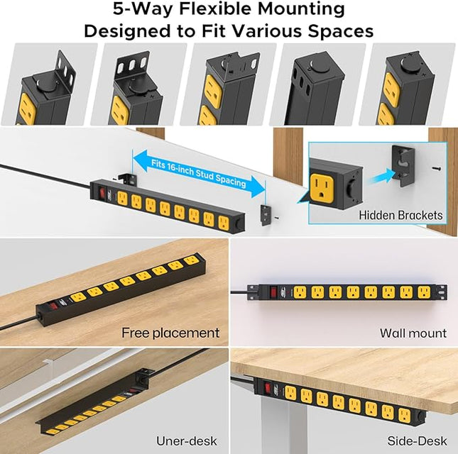 Mountable Long Power Strip, 2100 Joules Heavy Duty Surge Protector Power Strip, Slim Metal Power Bar with 6ft 14AWG Cord, 8-Outlet, ETL Listed, for Wall Mount, Under Desk, Garage, Workshop, and Office