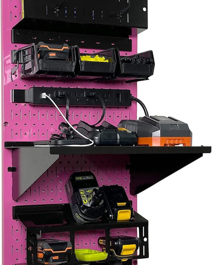 Wall Control Power Tool Storage Organizer Kit Cordless Drill Holder Charging Station Rack 16” x 32” Metal Pegboard Organization System (Pink Pegboard)
