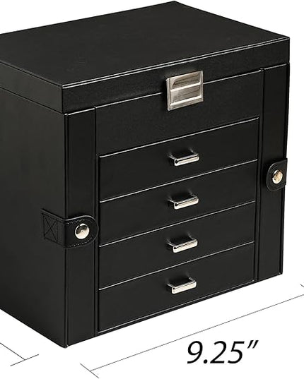 Frebeauty 5-layer Jewelry Box,Faux Leather Jewelry Organizer with 4 Drawers,Jewelry Organizers and Storage with Mirror,Jewelry Holder Organizer for Necklace,Jewerly Boxers for Women Girls(Black)