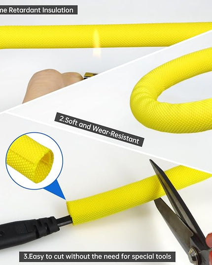 YOUBO Split Braided Cable Sleeve，Flexible Wire Loom Tubing, Automotive Cord Protector Pet Proof, Cable Management for Computer TV Electric Wires Harness 16ft (Yellow, 10mm（3/8")