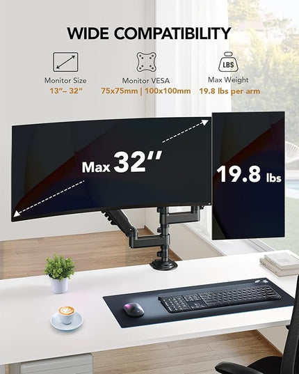 HUANUO Dual Monitor Arm for 13-32 inch Screens,Holds 19.8lb,Adjustable Monitor Stand with Clamp and Grommet Base,Vesa 75x75mm/100x100mm Compatibility (Black)