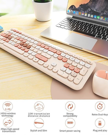 Wireless Keyboard and Mouse Combo, Colorful Ergonomic Full Size Retro Low-Noise Keyboard with Cute keycaps, Compatible with Windows, PC, Perfer for Home and Office Keyboards (Brown)
