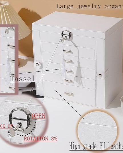 BOOVO Jewelry Box For women, 6 Layer Large Jewelry Organizer With Mirror, Multi-Function Storage Box With Lock, Accessory Holder With 5 Drawers, For Earrings Necklace Ring Bracelet (White)
