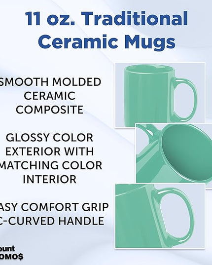 DISCOUNT PROMOS Ceramic Coffee Mugs 11 oz. Set of 10, Bulk Pack - Coffee cup set, Iced coffee cup, Gaming mug - Teal