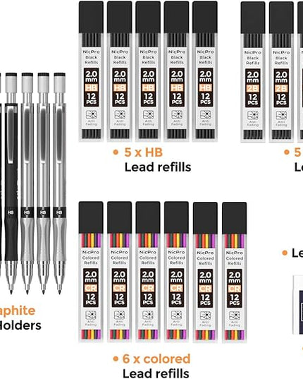 Nicpro 29 Pieces 2mm Mechanical Pencil Set, 9 PCS Drafting Carpenter Pencils 2.0 mm for Art Drawing Sketching construction with 192 Lead Refills Pre-Sharpen HB & 2B & Colors, 2 Erasers, 2 Sharpener