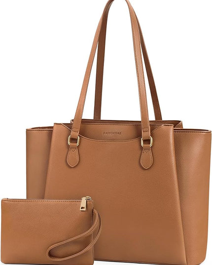 RAINSMORE Laptop Bag for Women 15.6 Inch Work Tote Bags Waterproof Computer Bags Leather Professional Laptop Purse Womens Laptop Briefcase Large Handbag for Office Teacher Travel, Brown