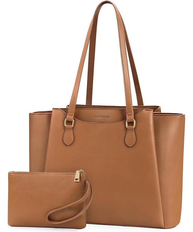 RAINSMORE Laptop Bag for Women 15.6 Inch Work Tote Bags Waterproof Computer Bags Leather Professional Laptop Purse Womens Laptop Briefcase Large Handbag for Office Teacher Travel, Brown