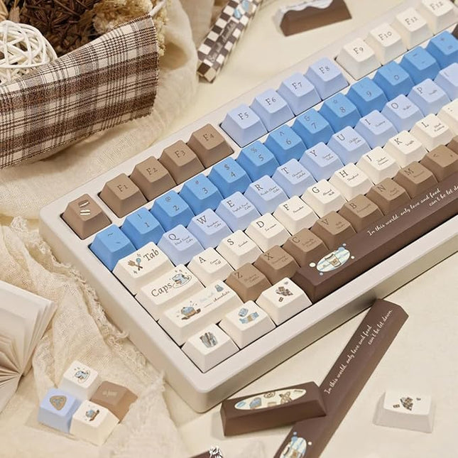 Blue Cherry Profile PBT Keycap Set - 5 Side Dye Sublimation Custom Keycap for Mechanical Gaming Keyboard - Blue & Brown & Creamy Design, 130 Keys