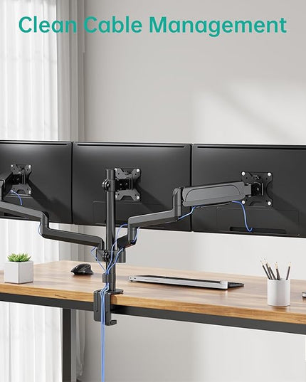 WALI Triple Monitor Mount for 13-27 inch Screens, Adjustable 3 Monitors Desk Mount with Swivel, Tilt, Clamp & Grommet Kit, Gas Spring Arm Triple Monitor Stand, VESA 75x75/100x100mm (GSDM003), Black