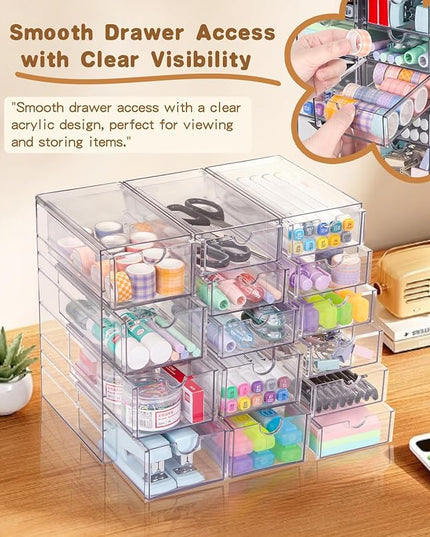 VZKAH Clear Acrylic Organizer with Drawers | 15-Drawer Desktop Unit | Makeup & Desk Organization and Storage Box for Office, Craft, Vanity Table, Bathroom, Home Essentials