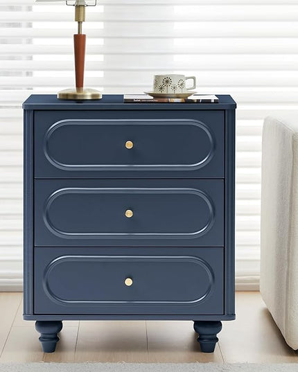 3 Drawer Fluted Dresser for Bedroom, Mid Century Modern Chest of Drawers, Wood Storage Small Dresser Organizer for Bedroom Living Room Hallway Closet, Blue