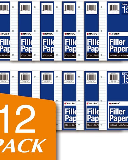 Kaisa Filler Paper Notebook Paper College Ruled 8"x10.5" Loose Leaf Paper for 3-Ring Binders 150 Sheet/pack,12pack (Total 1800 Sheets)