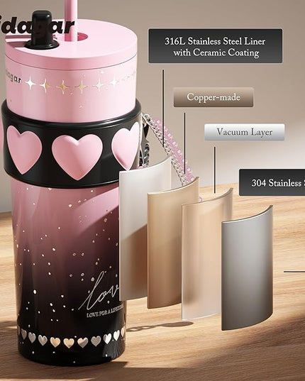 24 oz Stainless Steel Tumbler with Lid and Straw, Insulated Coffee Mug, Leak Proof, Portable Iced Travel Water Bottle, Reusable Thermal Coffee Cup Gift for Women, Pink