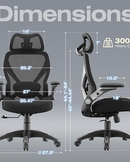 ELABEST X100 Ergonomic Mesh Office Chair, Big and Tall Hone Desk Chair with 5D Flip-Up Arms, Adjustable 3D Lumbar Support,Gaming & Executive Computer Chairs for Long Hours, Padded Seat
