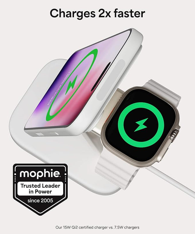 Mophie 2-in-1 Wireless Charging Stand - Qi2-Certified, MagSafe Charger for iPhone & Apple Watch – Fast Charging Station with Adjustable Phone Stand & Cable Management – Up to 15W Power