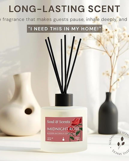 Soul & Scents Reed Diffuser Set – Midnight Rose | 7.43 oz Refillable Scented Oil with 6 Fiber Sticks | Long-Lasting Home Fragrance & Air Freshener for Bedroom, Bathroom, Office | Gift & Décor Piece