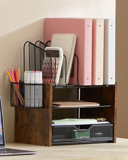 Y YOMA Wooden Desk Organizer, 4-Tier Mesh Desk Organizer with Drawer, Paper Tray & 5 Vertical File Holders, 2 Pen Holders, Desktop Organizer and Accessories for Home Office Dorm