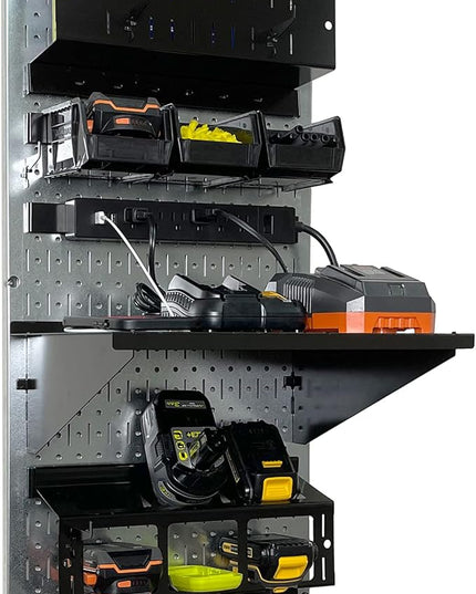 Wall Control Power Tool Storage Organizer Kit Cordless Drill Holder Charging Station Rack 16” x 32” Metal Pegboard Organization System (Metallic Pegboard)