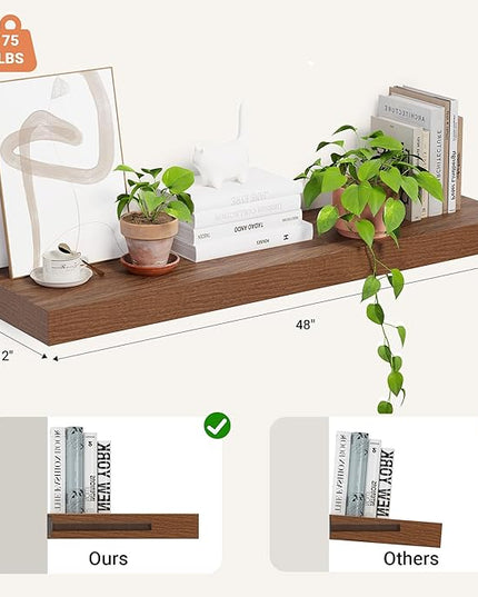 Heimlove 12 Inch Deep Floating Shelves, 48 x 12 inches Long Wall Shelf, Rustic Wood Wall Shelves for Fireplace Mantel, Set of 1 (Walnut)