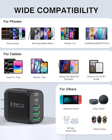 60W USB C Wall Charger Block, 2Pack 5-Port C Charger Fast Charging Block PD Power Adapter+QC 3.0 Multiport Type C Box Brick Cube USB A Wall Plug for iPhone 15/16/17 Pro Max Plus, iPad,Galaxy S24/S23
