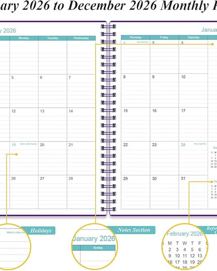 Daily Planner 2026 Full Page Per Day- 2026 Daily & Monthly Planner from January 2026 to December 2026, Day Planner 2026 with 12 Months Tabs, 6.4" x 8,5", Purple