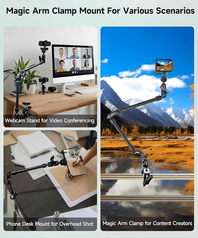 22" Magic Arm w Clamp, Overhead Phone Mount, Desk Camera Mount w Articulating Friction Boom Arm Thread Adapter, for Phone Video Light Webcam Microphone Action Camera Content Creators