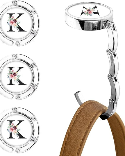 XSUIOY 3Pcs Personalized Initial Foldable Purse Hook for Table,Crushed Flower Letters Folding Purse Hanger,Purse Holder Handbag Hanger Collection Desk Table Bag Hooks Gifts for Women Bag(Black-K)