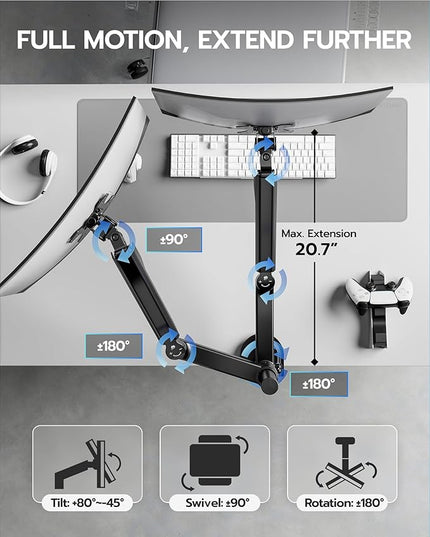 ARES WING Dual Monitor Mount - Ultrawide Monitor Arm for 17 to 40 Inch Heavy Duty Curved Screen Up to 26.4 lbs with Clamp/Grommet Desk Mount, 75/100 Vesa Mount, Black