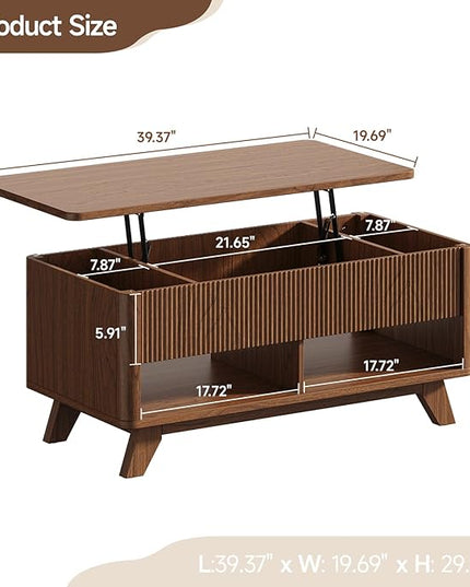 ONBRILL Farmhouse Lift Top Coffee Table, Mid Century Modern Coffee Table with Hidden Storage Compartment, Fluted Rising Pull up Wood Modern Center for Living Room, Office, Walnut