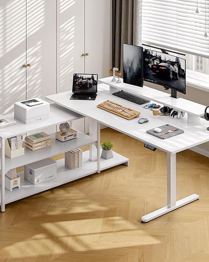 ONBRILL L Shaped Standing Desk with File Cabinet, 63x24'' Electric Stand Up Desk with Monitor and Storage Shelf, Adjustable Height 28-46'' for Home and Computer Workstation, White