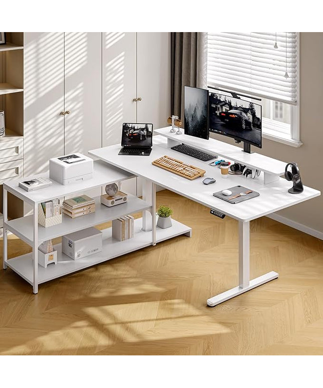 ONBRILL L Shaped Standing Desk with File Cabinet, 63x24'' Electric Stand Up Desk with Monitor and Storage Shelf, Adjustable Height 28-46'' for Home and Computer Workstation, White