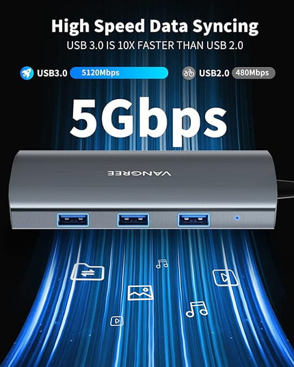 VANGREE USB C Hub, 3 USB 3.2 Gen 2 Ports with 10Gbps, 4K@60Hz HDMI, 100W Power Delivery, 3 USB-A 3.0 Ports, USB C Splitter Multiport Adapter Extender for MacBook Pro/Air, iPad Pro, Mac mini and More