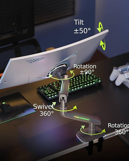 NB Gaming Monitor Arm for Screen up to 60 inches, Holds 44 lbs(20 kg), VESA 75/100, RGB Light, Heavy Duty Monitor Stand, Aluminum Ultrawide Screen Mount Height Angle Adjustable Grey Black