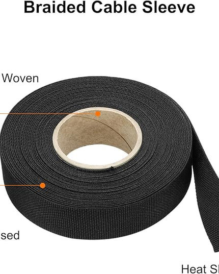 MECCANIXITY Braided Cable Sleeves Heat Shrinkable Fabric Sleeving, 7/8" 40ft Black 2:1 Ratio Heat Shrinkable Cord Protector for Harness Cable, Network Cable Protection, Cable Management