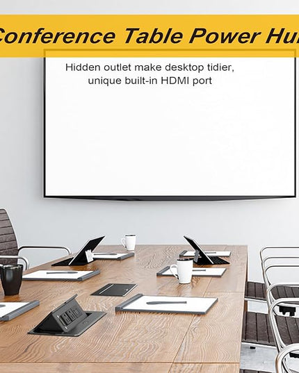 Recessed Power Strip, HDMI Pop Up Power Cover Box Desktop Socket with PD 20W USB C Charging Ports, Stainless Steel Receptacle Outlet for Conference Room Countertop (Black)