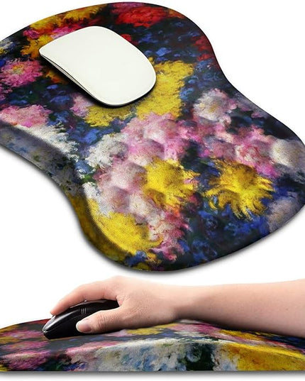 Hokafenle Ergonomic Mouse Pad Wrist Support with Massage Design, Wrist Rest Pain Relief Mousepad with Memory Foam&Non-Slip PU Base, Mouse Pads for Wireless Mouse & Desk(12x8 inch,Monet Chrysanthemum)