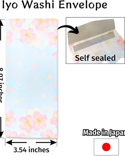 Japanese Cherry Blossom Envelopes 8 Pack, Made in Japan, (Blue Sky), Elegant Washi Paper, Self Sealing, Sakura