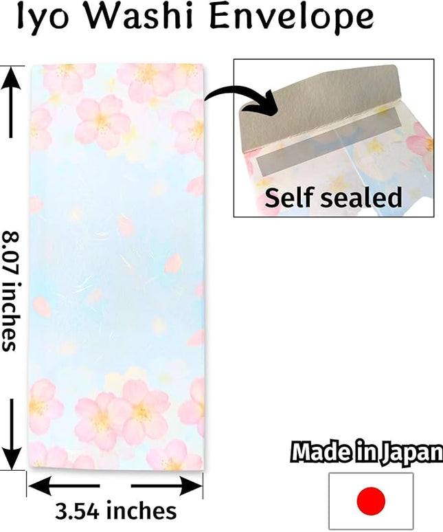 Japanese Cherry Blossom Envelopes 8 Pack, Made in Japan, (Blue Sky), Elegant Washi Paper, Self Sealing, Sakura